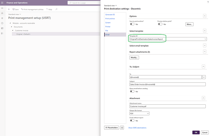 Main Print destination settings
