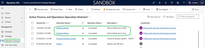 SetAdminMode operations succeeded in Operation History