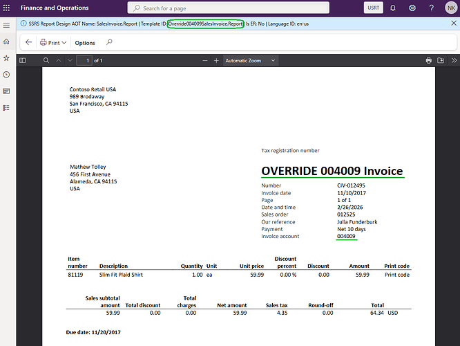 Overridden report printout for customer 004009