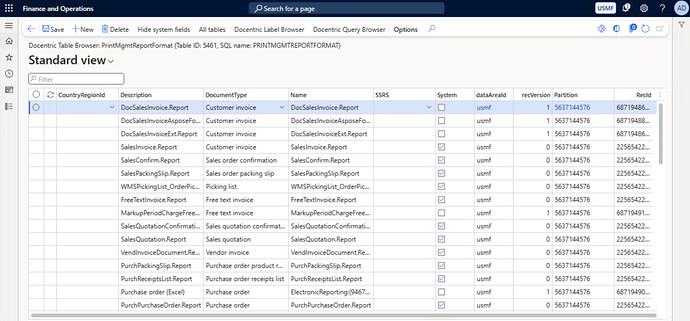 PrintMgmtReportFormat table in Dynamics 365 for Finance & Operations environment via Docentric table browser