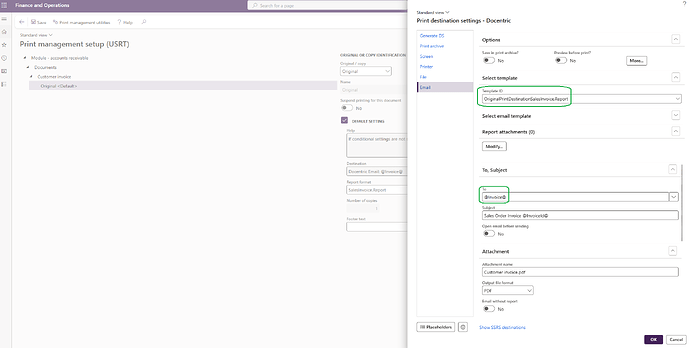 Main Print destination settings