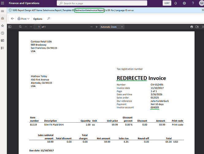 Redirected sales invoice report printout