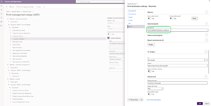 Overridden Print destination settings for customer 004011