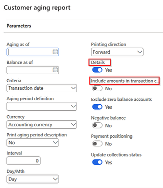 Customer aging report dialog