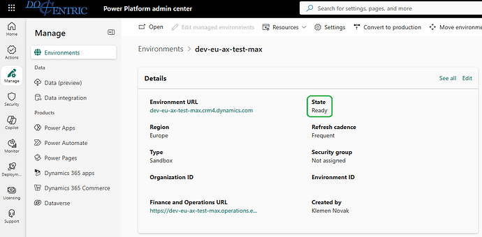 Environment details in PPAC, State: Ready