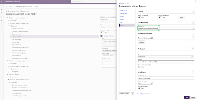 Overridden Print destination settings for customer 004009