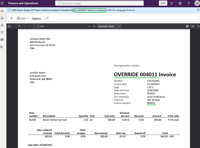 Overridden report printout for customer 004011