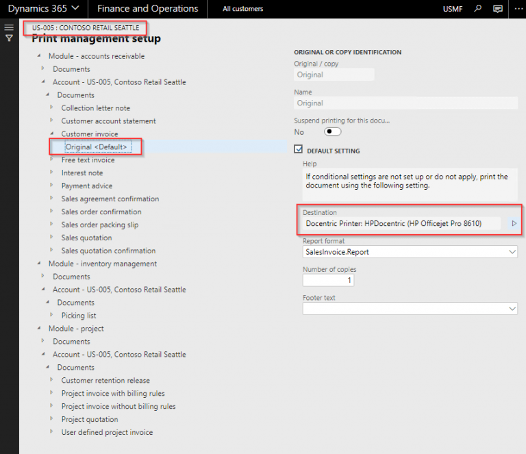 D365FO Print Management settings per module