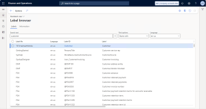 Example of running a label search in D365FO using Docentric Label Browser.