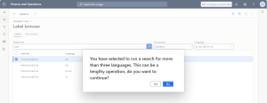 Confirmation dialog box prompting user to verify the selection of more than three languages, ensuring the search remains resource-efficient.