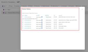 SharePoint Version history dialog for SalesInvoice.Report_EN.docx showing minor versions 0.1 to 0.4, the published major version 1.0, and a newer draft version 1.1, each with its date, author, size and check-in comment.