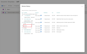SharePoint Version history dialog where the current approved version is 2.0. The menu of the earlier approved version 1.0 is open with the Restore option highlighted.
