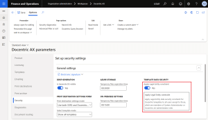 Docentric AX parameters form, Security tab, with the Apply Legal Entity constraint option under Template data security set to Yes.