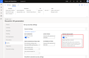 Docentric AX parameters form, Security tab, with the Apply Legal Entity constraint option under Template data security set to Yes.
