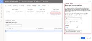 Docentric AX reports form, Action Pane > Tools tab, with Download template files highlighted. The Download report templates dialog shows filters for Customization level, Current template storage type set to SharePoint, Company set to USMF, and the ZIP package filename.