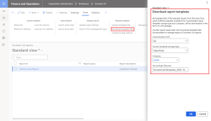 Docentric AX reports form, Action Pane > Tools tab, with Download template files highlighted. The Download report templates dialog shows filters for Customization level, Current template storage type set to SharePoint, Company set to USMF, and the ZIP package filename.