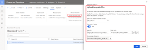 Docentric AX reports form, Action Pane > Tools tab, with Upload template files highlighted. The Upload template files dialog has SharePoint as the target template storage, Overwrite if exists set to Yes, the Folder path set to Docentric Templates/PROD, and a ZIP package selected for upload.