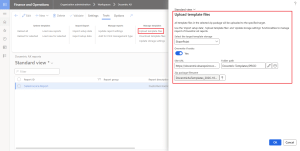 Docentric AX reports form, Action Pane > Tools tab, with Upload template files highlighted. The Upload template files dialog has SharePoint as the target template storage, Overwrite if exists set to Yes, the Folder path set to Docentric Templates/PROD, and a ZIP package selected for upload.