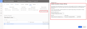Docentric AX reports form, Action Pane > Tools tab, with Update storage settings highlighted. The Update template storage settings dialog has the update action Change storage type to SharePoint and the Folder path set to Docentric Templates/PROD.