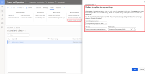 Docentric AX reports form, Action Pane > Tools tab, with Update storage settings highlighted. The Update template storage settings dialog has the update action Change storage type to SharePoint and the Folder path set to Docentric Templates/PROD.